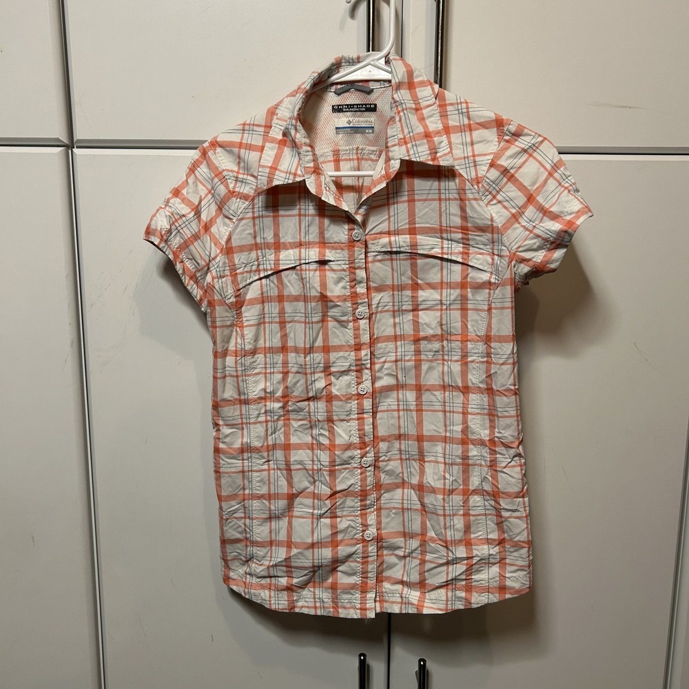 Columbia Womens Omni-Shade Plaid Short Sleeve Hiking Shirt Orange White Medium